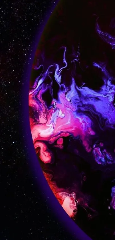 Vibrant cosmic abstract wallpaper with swirling purple and pink patterns.