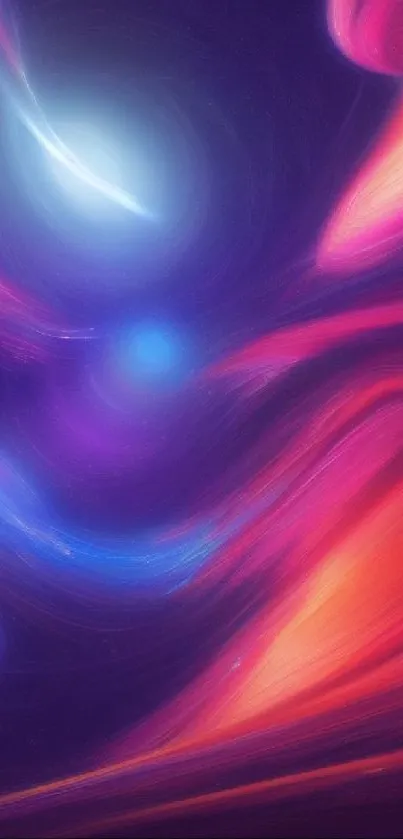 Vibrant cosmic abstract wallpaper with swirling neon colors.