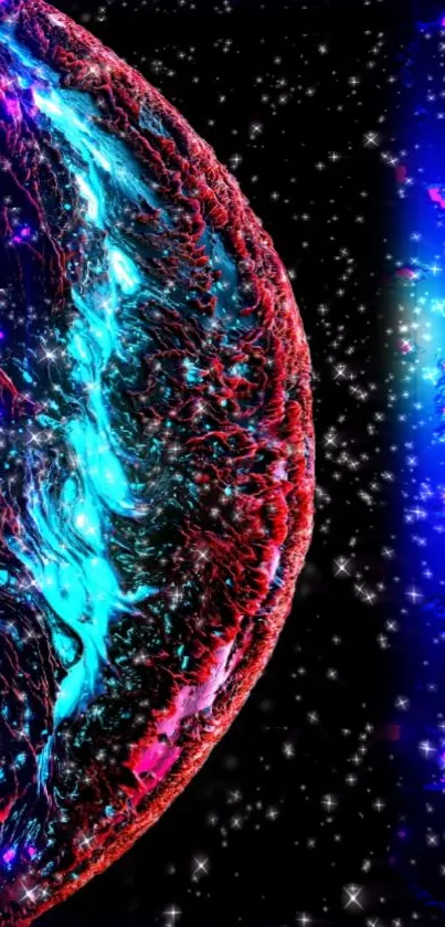 Vibrant abstract cosmic wallpaper with blue and red hues, featuring sparkling stars.