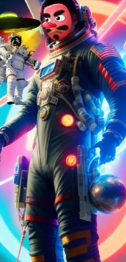 Futuristic astronaut with neon colors in space-themed wallpaper.