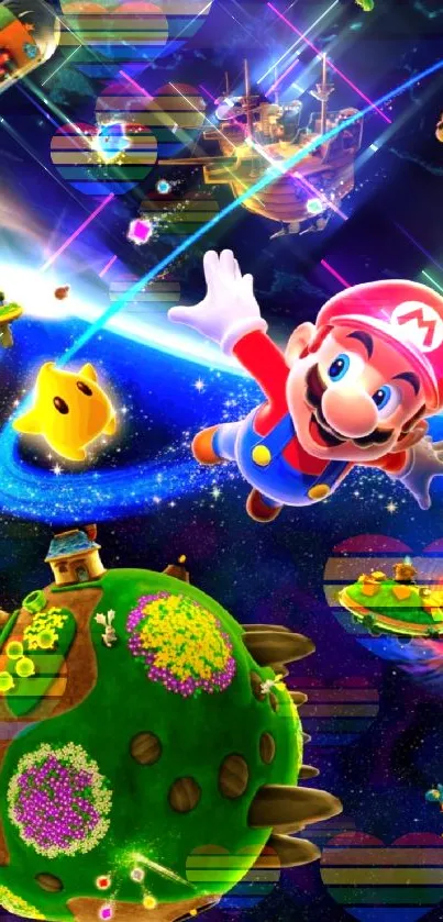 Vibrant character floating in space with colorful planets and stars.