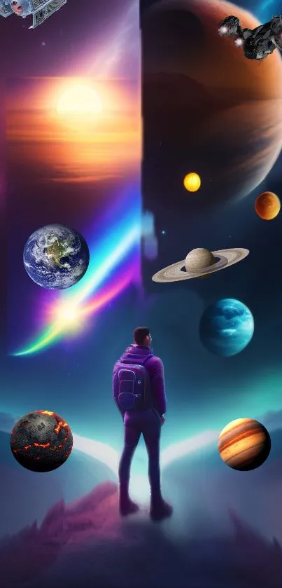 Vibrant cosmic wallpaper featuring planets and a lone traveler.