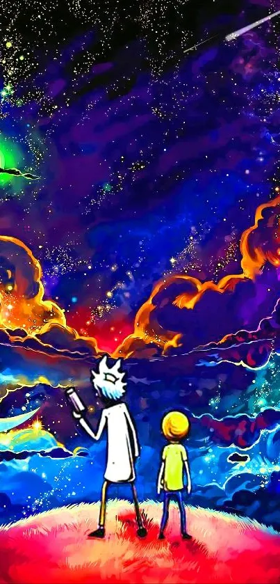 Colorful cosmic adventure wallpaper with animated characters and vibrant space scenery.