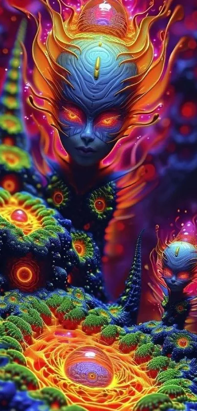 Vibrant cosmic alien art wallpaper with surreal design and bright colors.