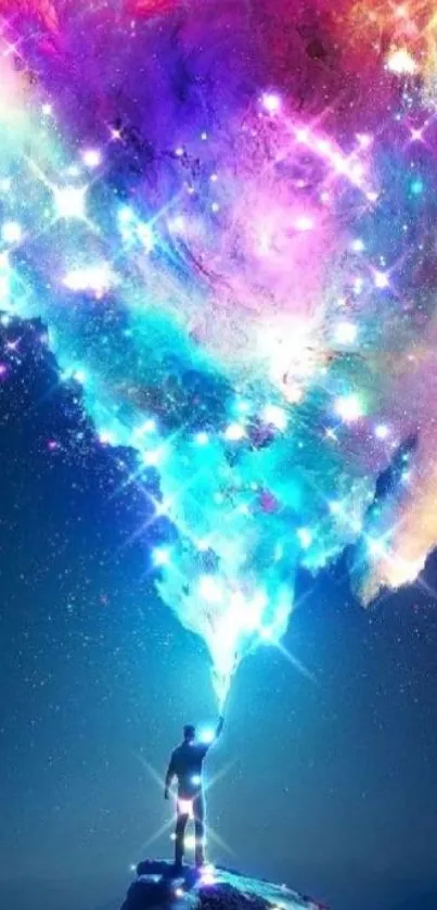 Lone figure on mountain under colorful cosmic nebula on a mobile wallpaper.