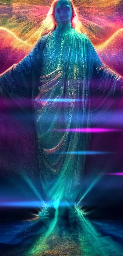 Vibrant cosmic angel amidst colorful ethereal background.