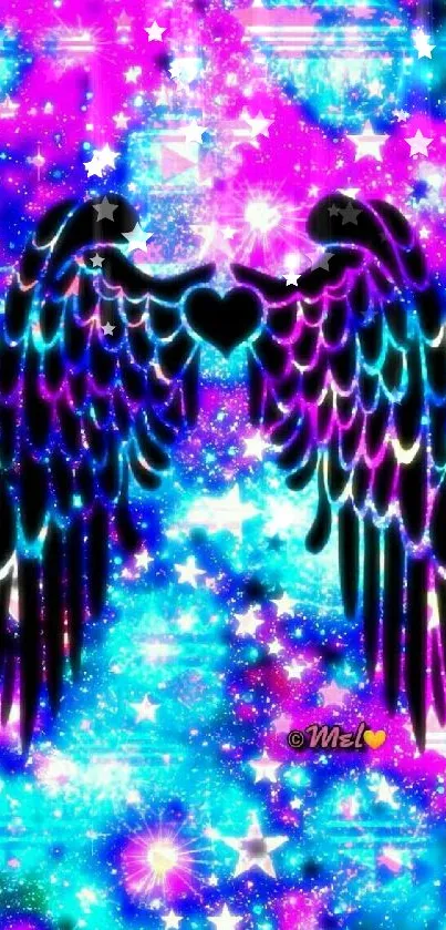 Vibrant cosmic wallpaper with angel wings