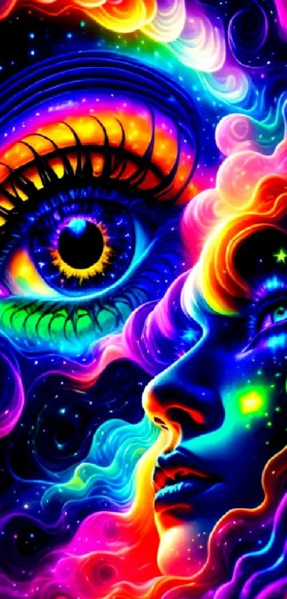 Vibrant cosmic art wallpaper with an eye and face in bright colors.