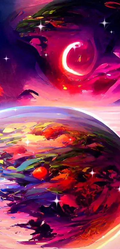 Vibrant cosmic art wallpaper with a surreal celestial scene.