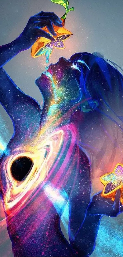 Colorful cosmic art wallpaper with surreal and vibrant elements.