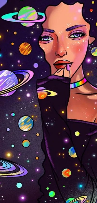 Cosmic art wallpaper with vibrant planets and a dreamy female figure.