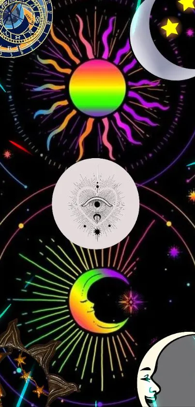 Vibrant cosmic art wallpaper with neon celestial symbols and mystical designs.