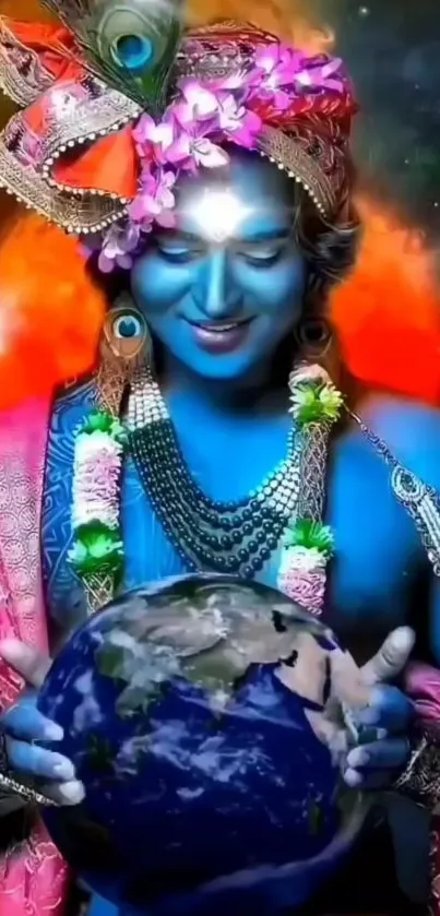 Blue deity holds Earth with vibrant cosmic background.