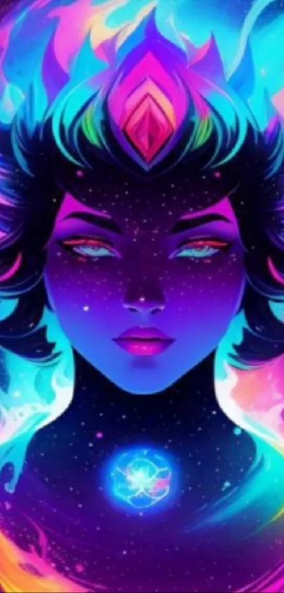 Vibrant cosmic art with neon colors featuring a futuristic woman's face.