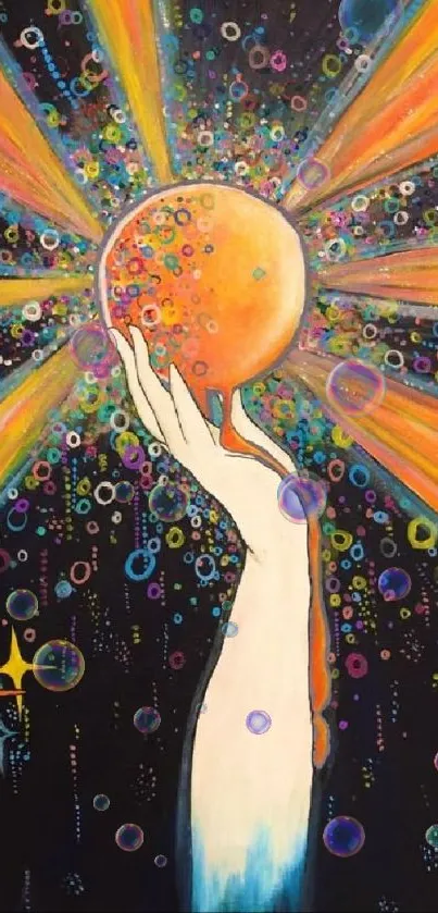 Hand reaching for glowing cosmic orb with vibrant colors.