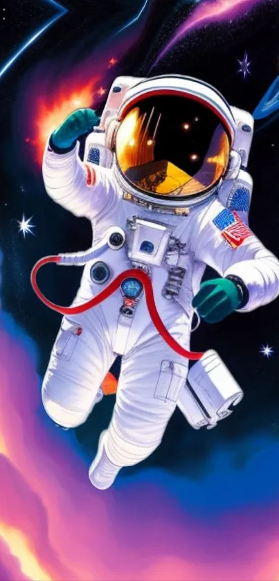 Astronaut in a colorful cosmic space with vibrant colors and galaxy background.