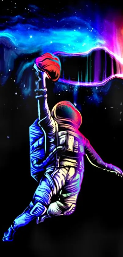 Vibrant astronaut reaching towards colorful cosmic waves.