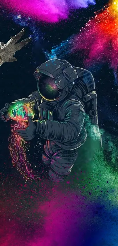 Colorful astronaut art in a cosmic scene with vibrant space elements.