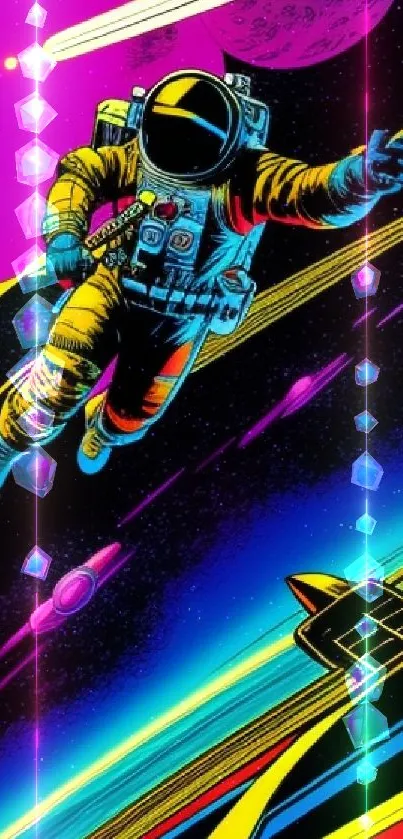 Astronaut floating through neon-lit cosmic galaxy art wallpaper.