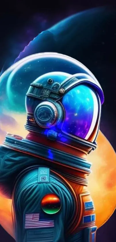 Vibrant cosmic astronaut against a colorful galaxy background.