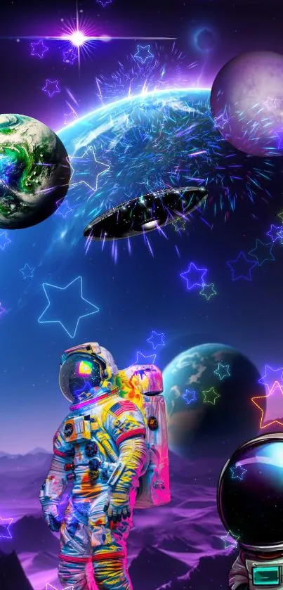 Astronaut amidst neon cosmic planets and stars with vibrant colors.