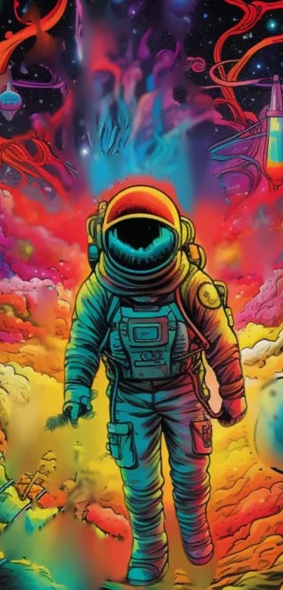 Vivid cosmic scene with astronaut floating in colorful space art.