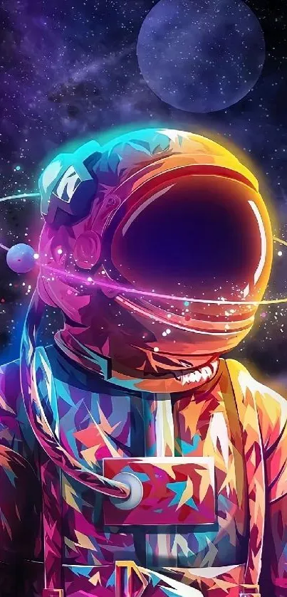 Vibrant neon astronaut in cosmic galaxy wallpaper.