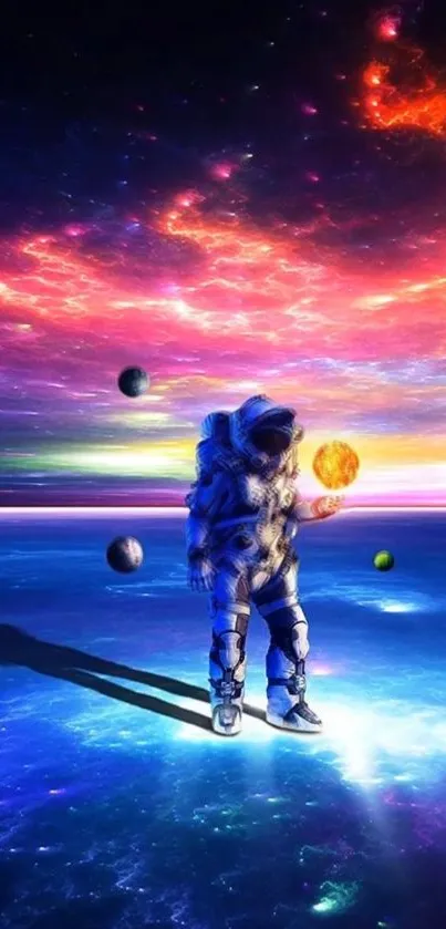 Colorful astronaut exploring a vibrant cosmic scene with planets and nebula.