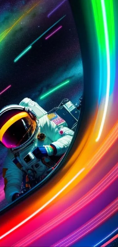 Astronaut amidst vibrant neon streaks in cosmic space wallpaper.