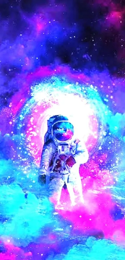 Astronaut in vibrant purple and blue nebula galaxy.