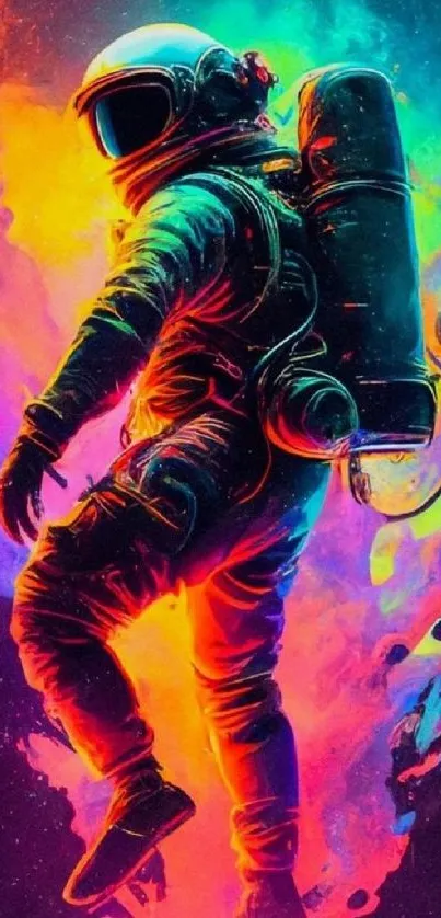 Colorful astronaut floating in space with planets and a glowing backdrop.