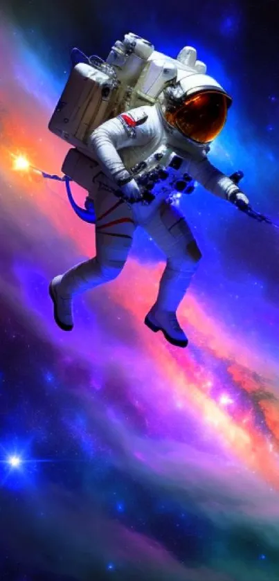 Astronaut floating in a vibrant, colorful nebula in space.