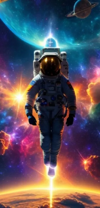 Vibrant cosmic wallpaper featuring an astronaut in space with colorful nebulae.