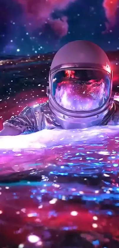 Astronaut immersed in a vibrant cosmic scene with glowing nebula.