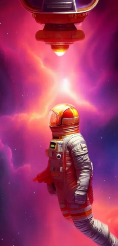 Colorful astronaut in pink nebula space scene art.