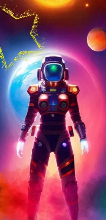 Vibrant cosmic astronaut in a colorful space scene with planets and stars.