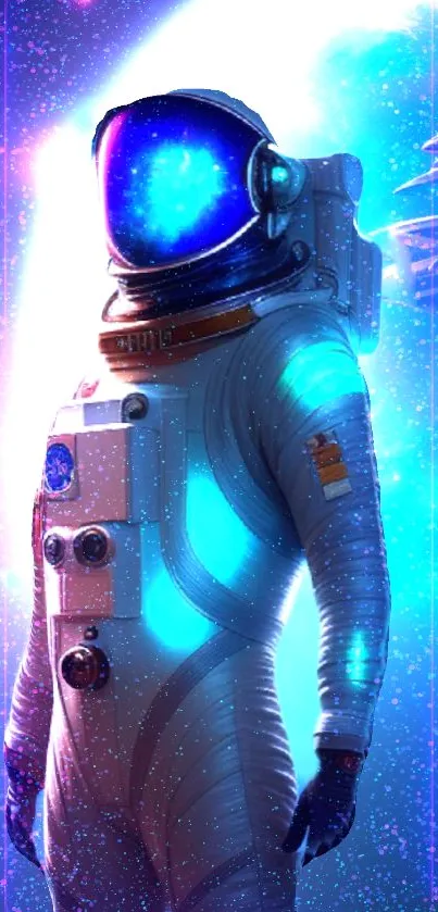 Astronaut in vibrant blue nebula space suit, glowing cosmic background.