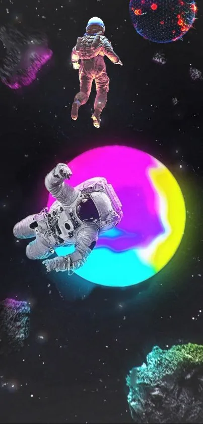 Astronauts exploring a colorful cosmic scene in space with bright planets.