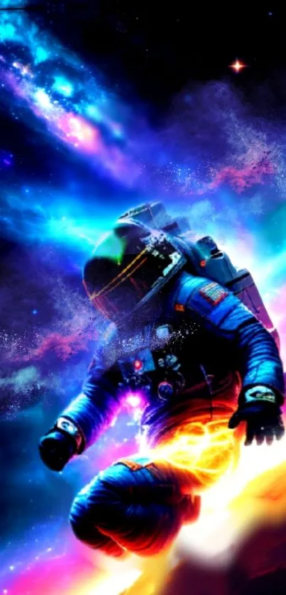 Colorful astronaut in vibrant cosmic background wallpaper.