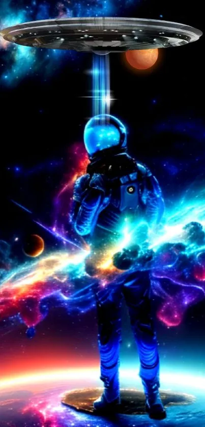 Astronaut in a vibrant cosmic space scene with galaxy hues.