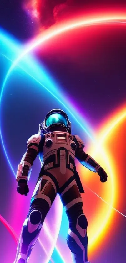 Astronaut in vibrant neon cosmic setting with colorful lights in space.