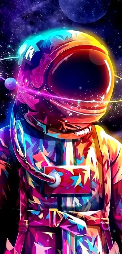 Vibrant astronaut in colorful cosmic space art.