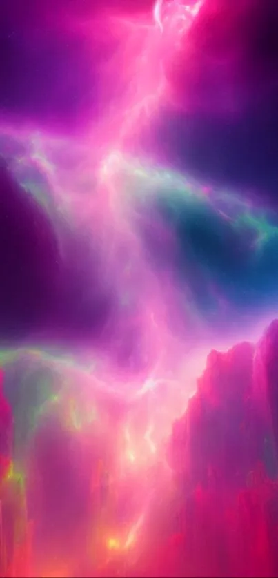 Vibrant pink, purple, and blue cosmic aurora on a mobile wallpaper.