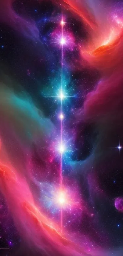 Vibrant cosmic aurora with colorful nebulae and stars as a phone wallpaper.