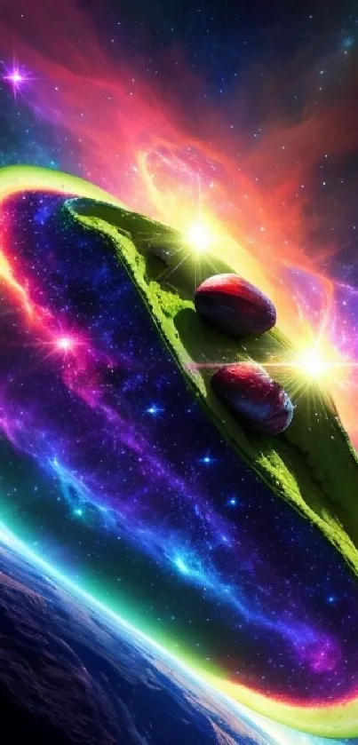 Vibrant cosmic avocado with galaxy colors in surreal artwork.