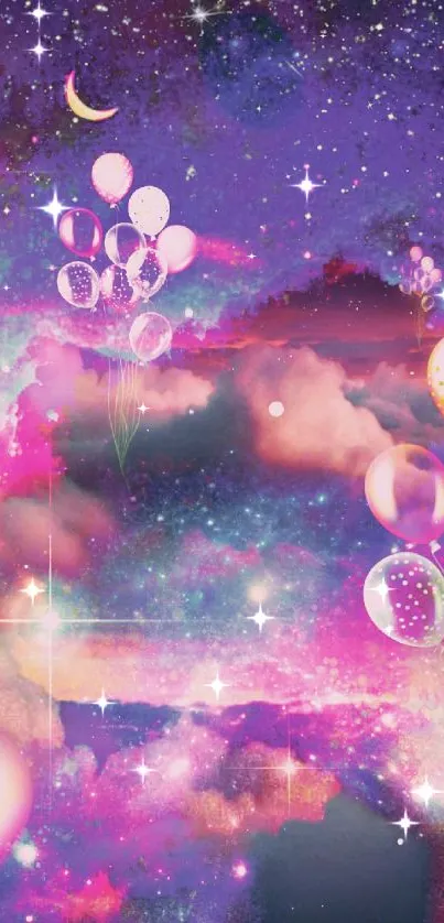 Vibrant cosmic wallpaper with balloons in a purple galaxy.