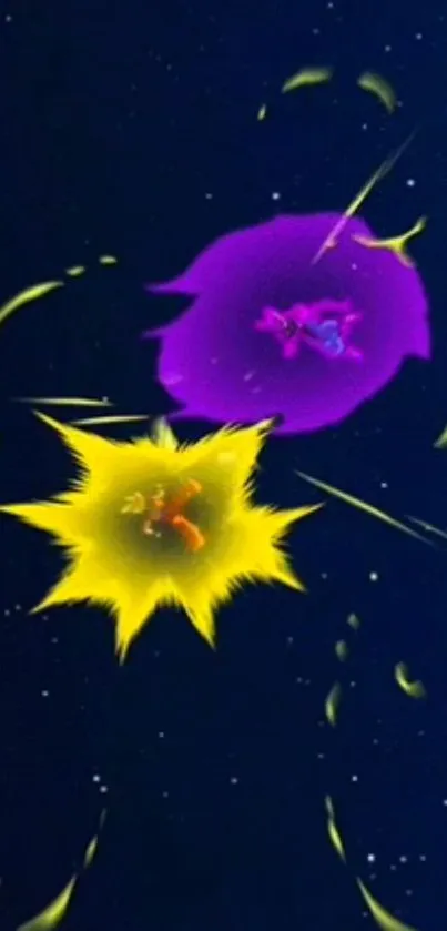 Dynamic cosmic battle wallpaper with purple and yellow energy bursts.