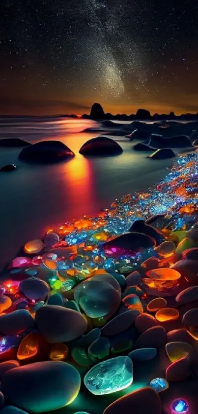 Vibrant cosmic beach with glowing stones under a starry night sky.