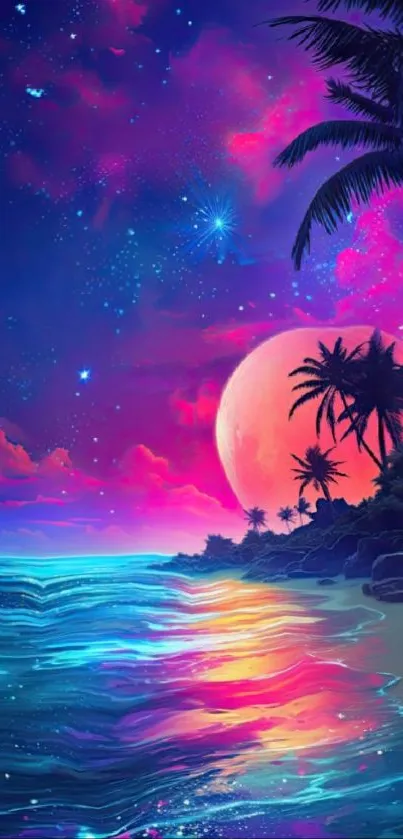 Cosmic beach wallpaper with neon sky and palm silhouettes.