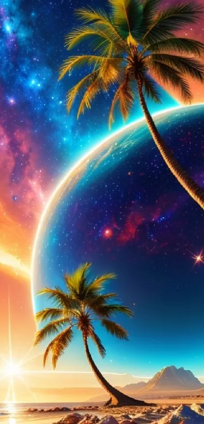 Tropical beach with palm trees and a vibrant cosmic night sky.